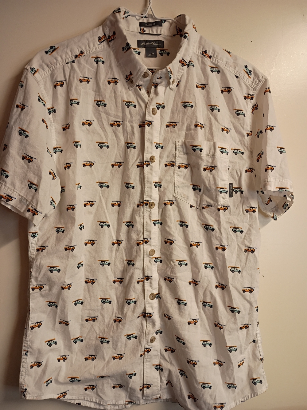 Short-Sleeve White Button-Up Shirt with Surf Wagon Print